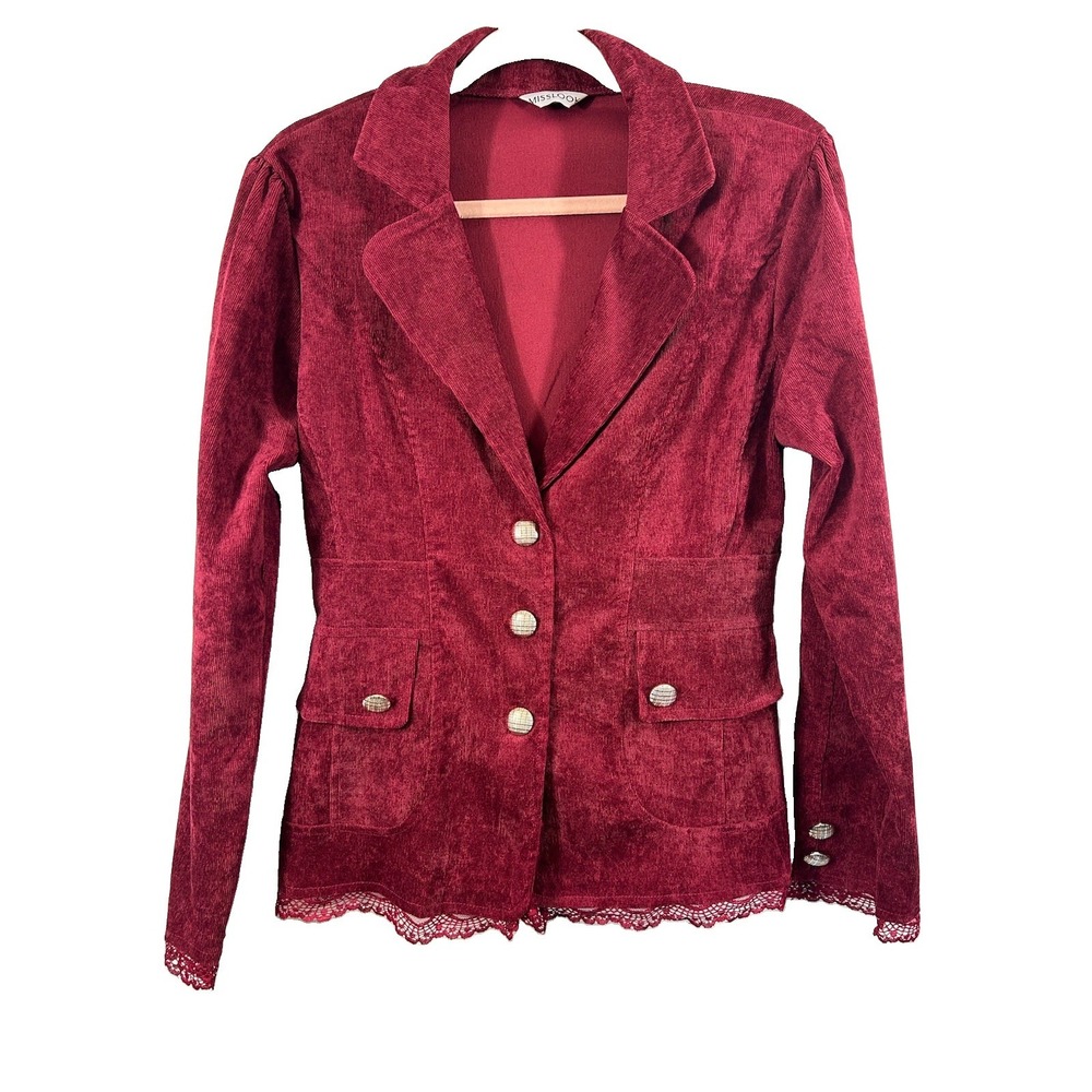 MISSLOOK Burgundy Corduroy Blazer Jacket Lace Hem Cuff S Whimsigoth Poetcore Y2K